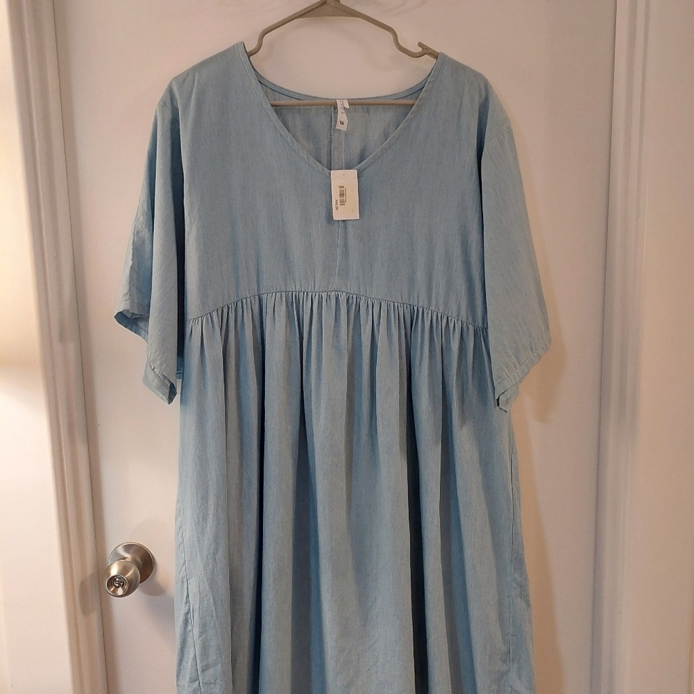 Light Blue Women's 100% Cotton Babydoll Dress 23" Ptp